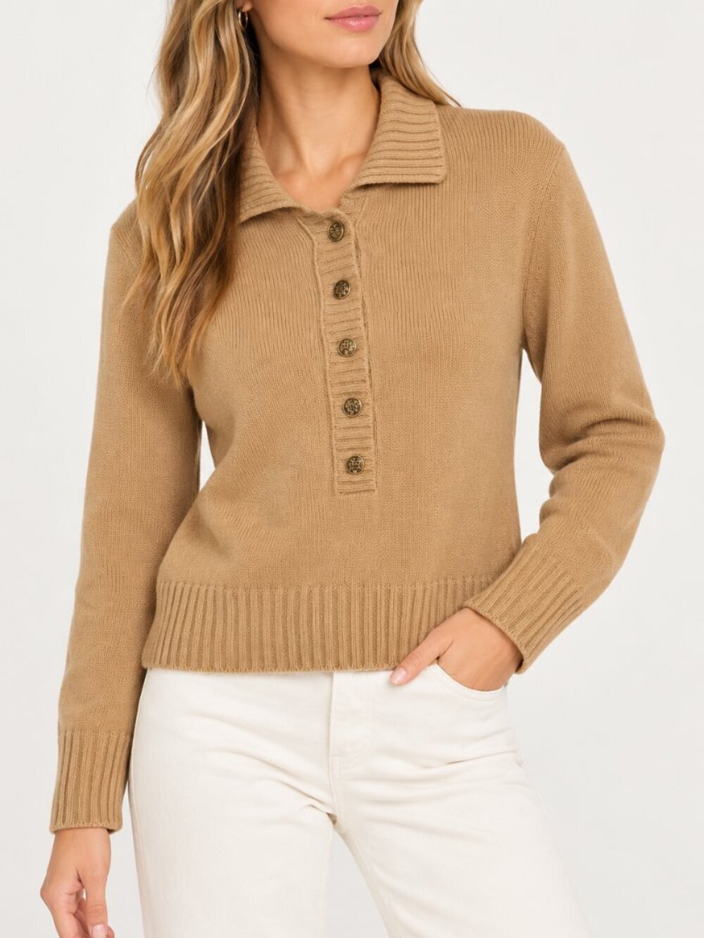 Tory Burch Collared Henley Wool Cashmere Sweater Brown Gold Size Large
